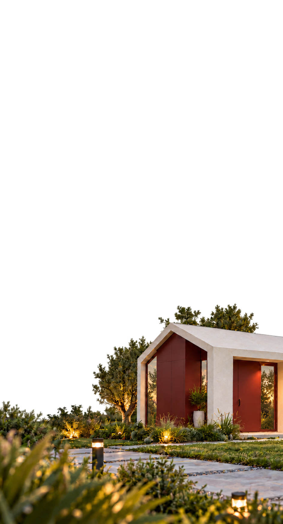 Casa Kubo em um jardim ao entardecer