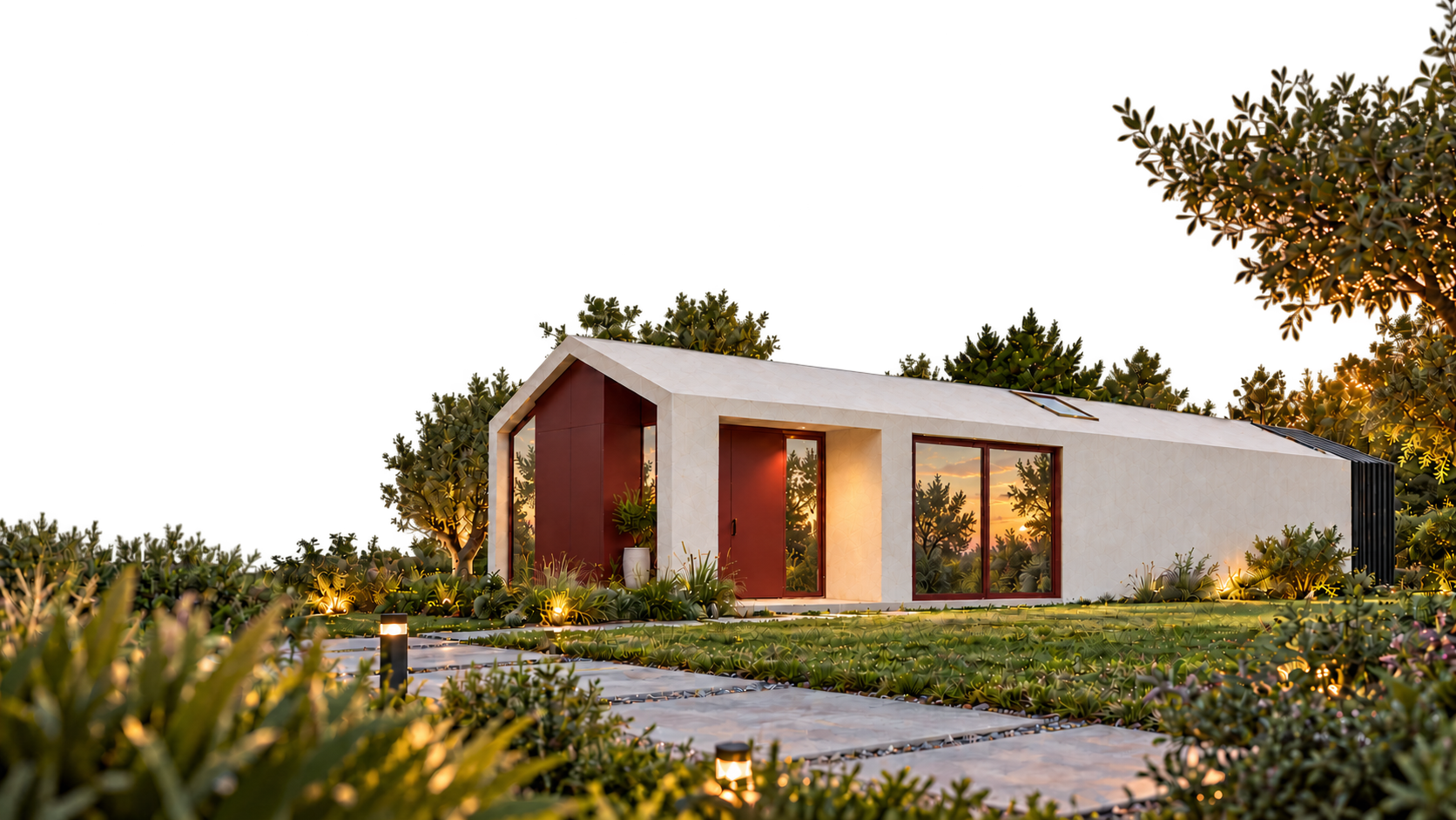 Casa Kubo em um jardim ao entardecer